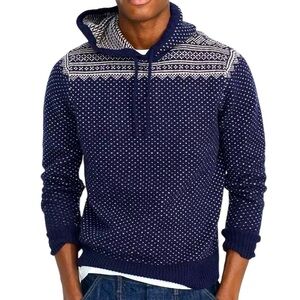 J. Crew Mercantile Lambswool Fair Isle Hoodie Navy Dark Blue White Men's size XL
